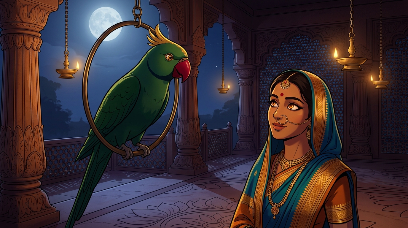 Back in the moonlit palace veranda, Shuka looking down at Prabhavati with glowing amber eyes