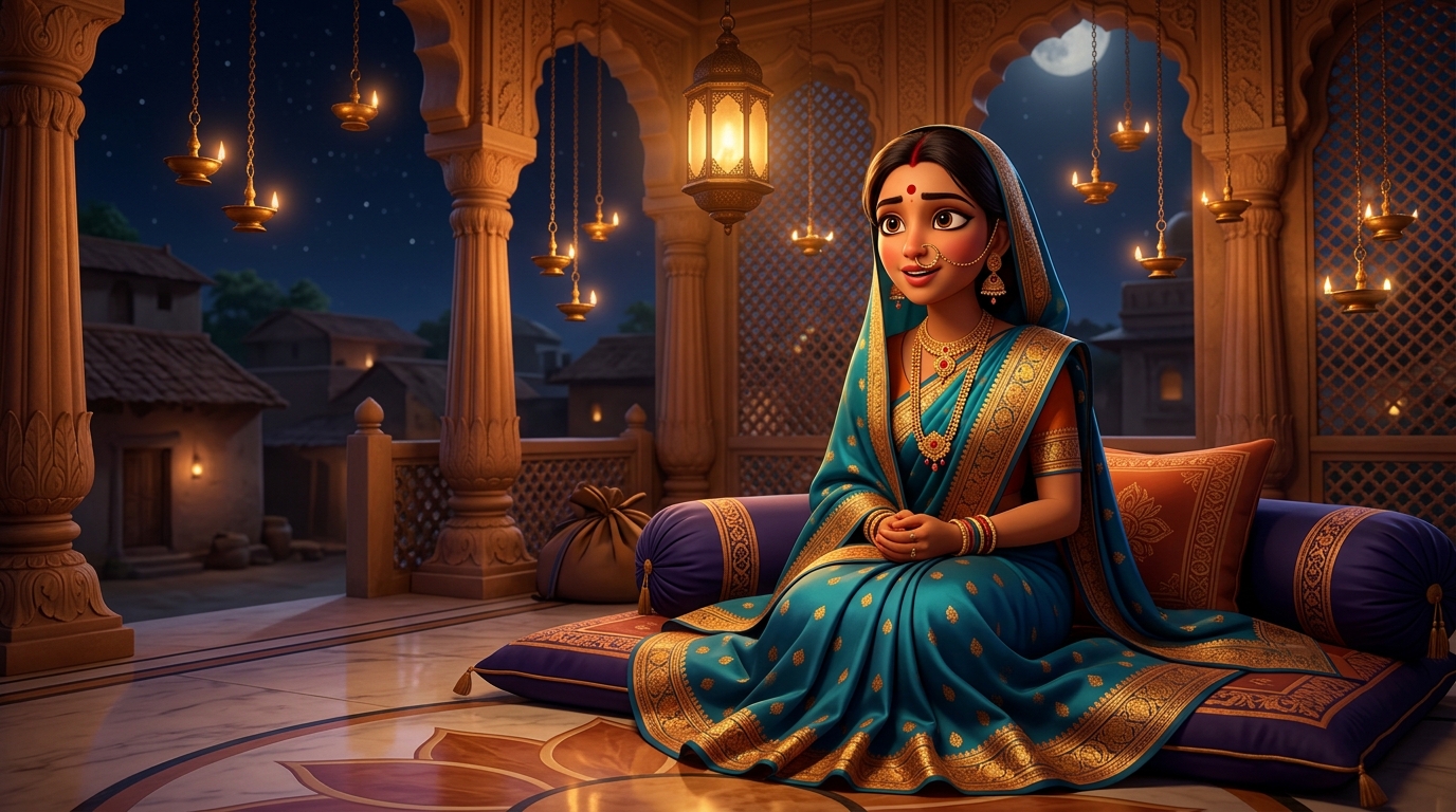 Prabhavati sitting mesmerized on the silk bolsters, completely spellbound