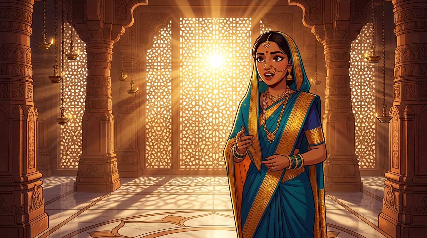 Golden morning sunlight bursting through the jali screens as temple conch shells resound