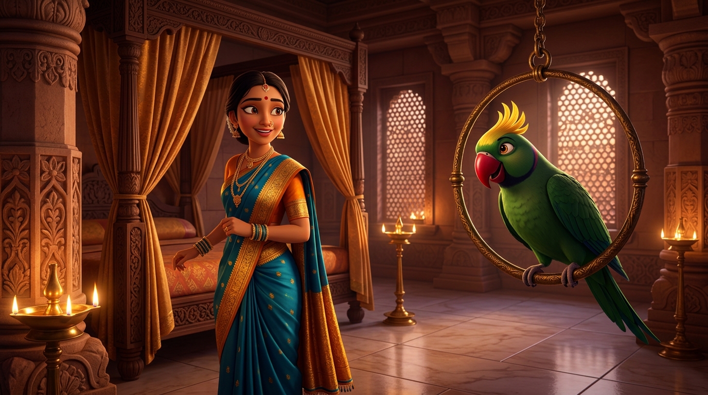Shuka bowing with a sparkling triumphant smile as Prabhavati retreats peacefully to her chambers