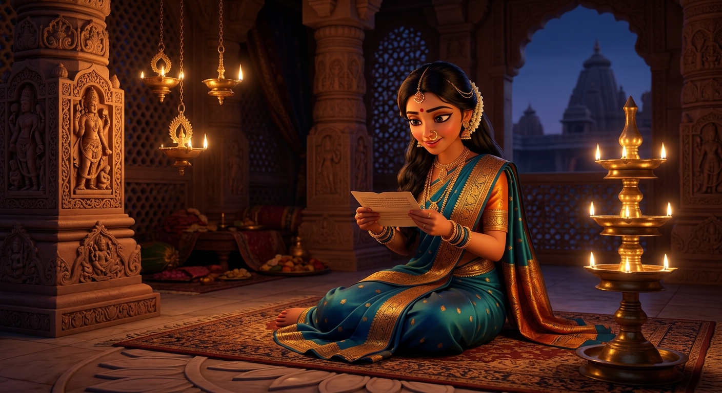 Prabhavati reading the romantic letter by the oil lamp glow in saffron silk