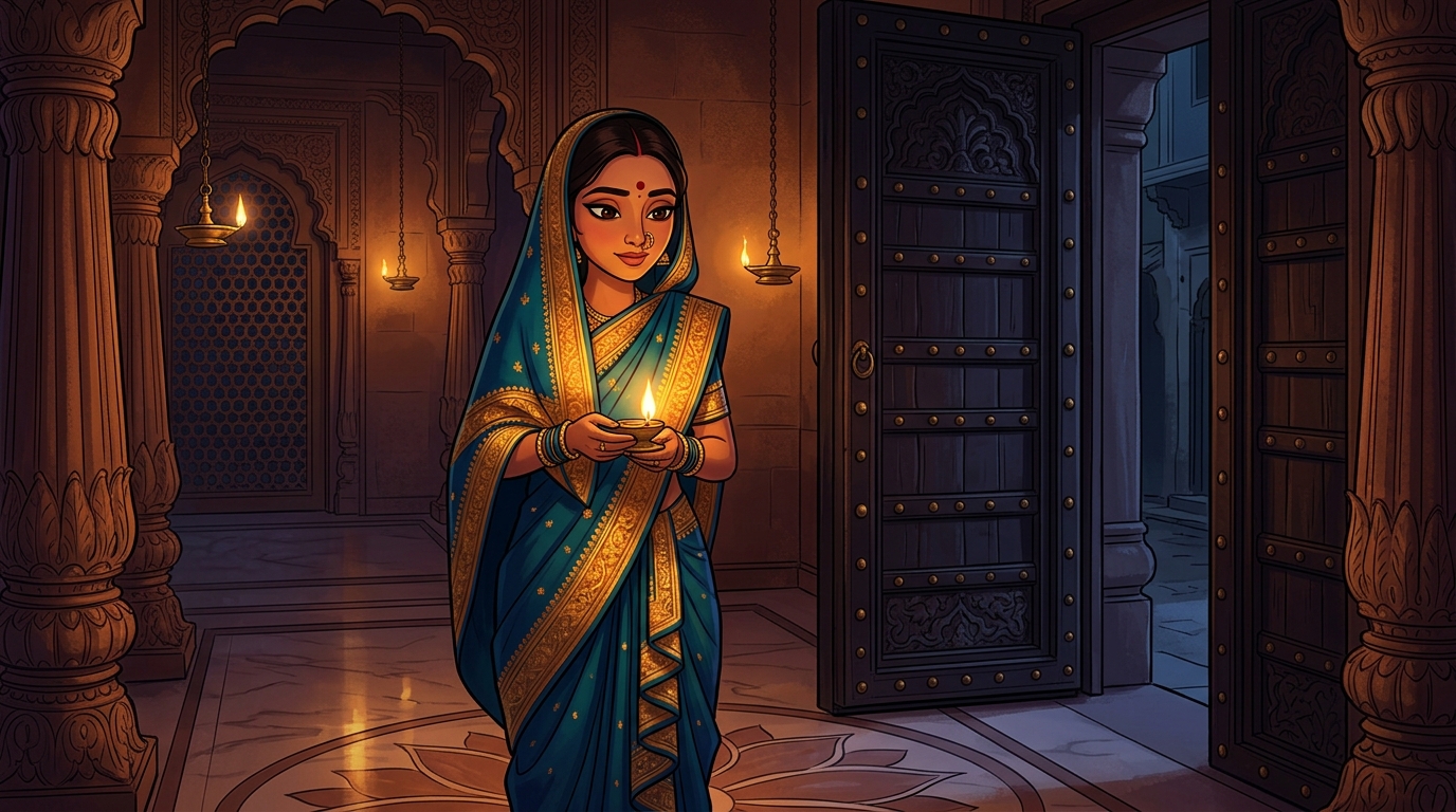 Prabhavati holding a small brass lantern, walking toward the mansion exit