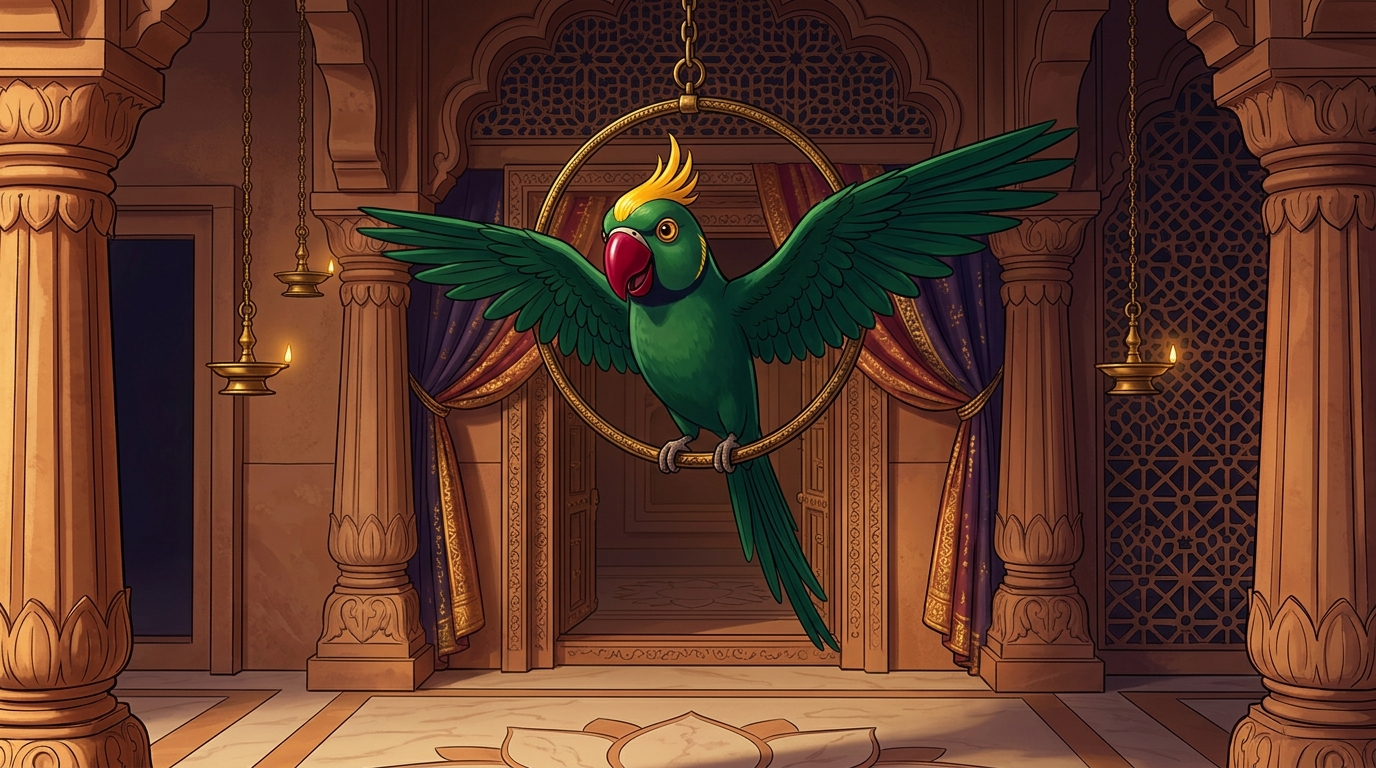 Shuka fluttering his emerald wings gracefully from his golden swing
