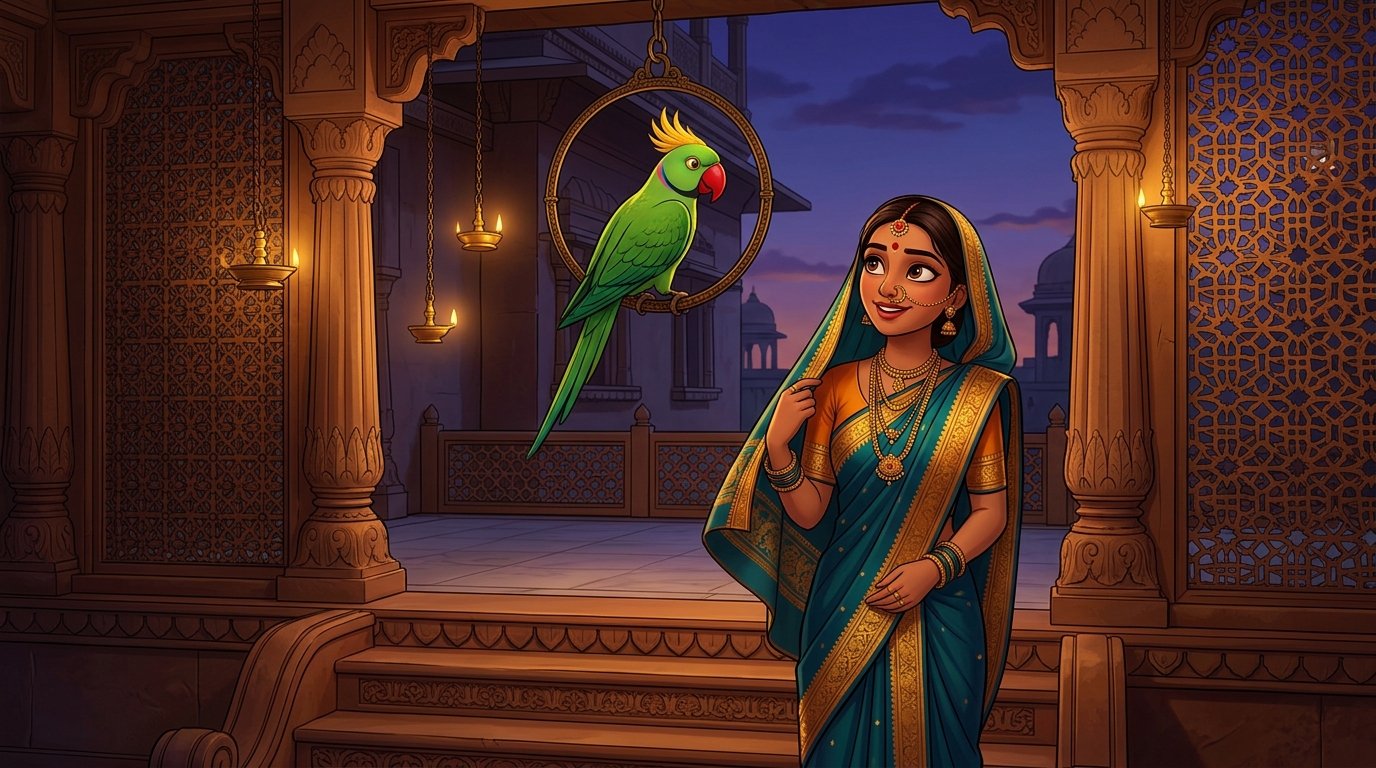 Prabhavati pausing with a charmed smile at the doorway