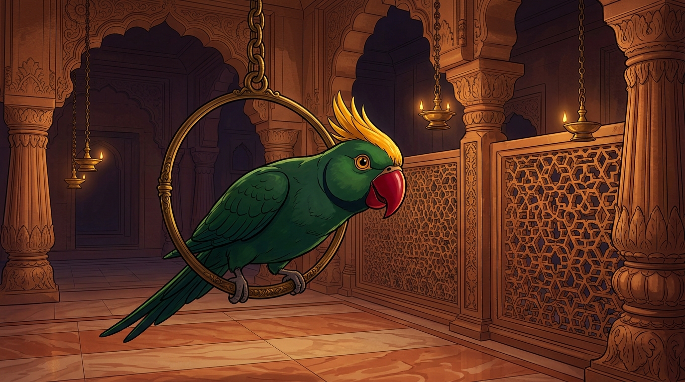 Shuka leaning forward on his swing with glowing amber eyes