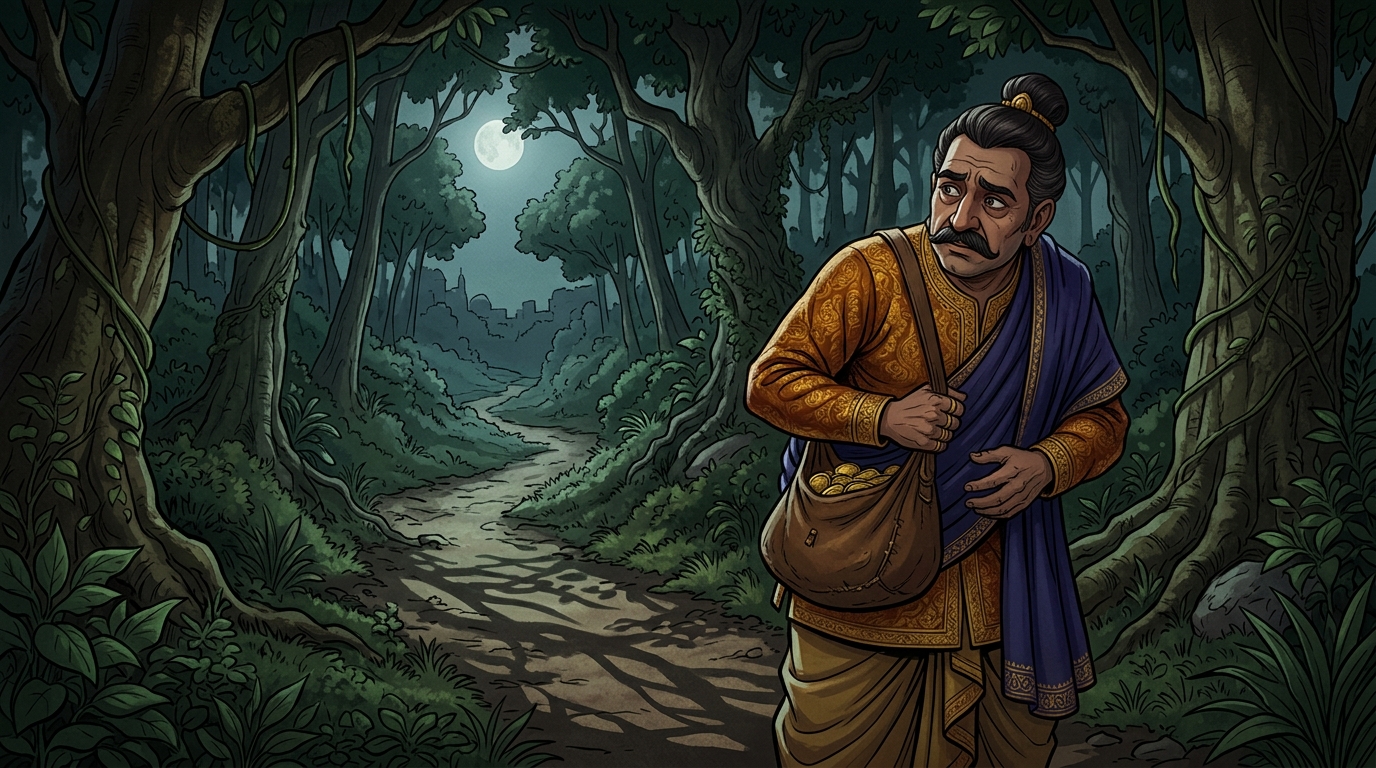 Merchant Somadatta walking along a lonely moonlit forest trail carrying a heavy gold pouch