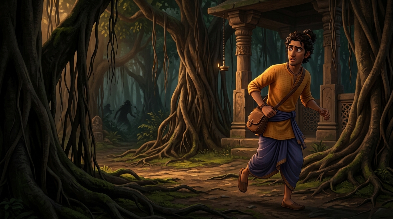 Somadatta quickening his pace as twigs snap behind the ancient banyan trees