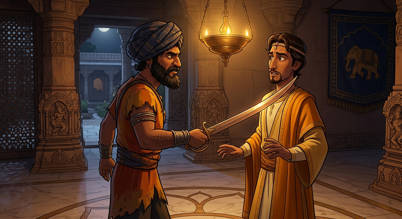 The bandit holding his sword to Somadatta's throat