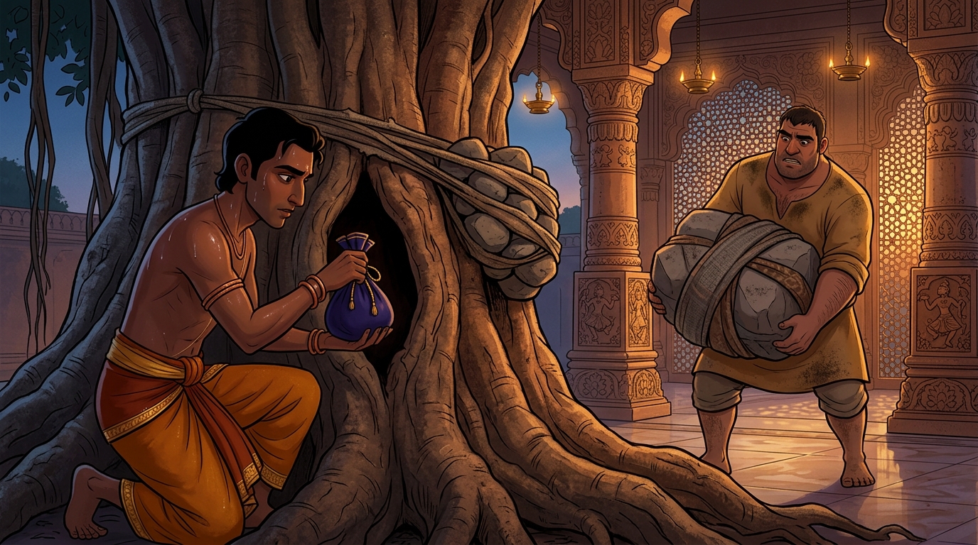 Somadatta secretly hiding his real gold pouch in a hollow tree while wrapping a giant heavy boulder