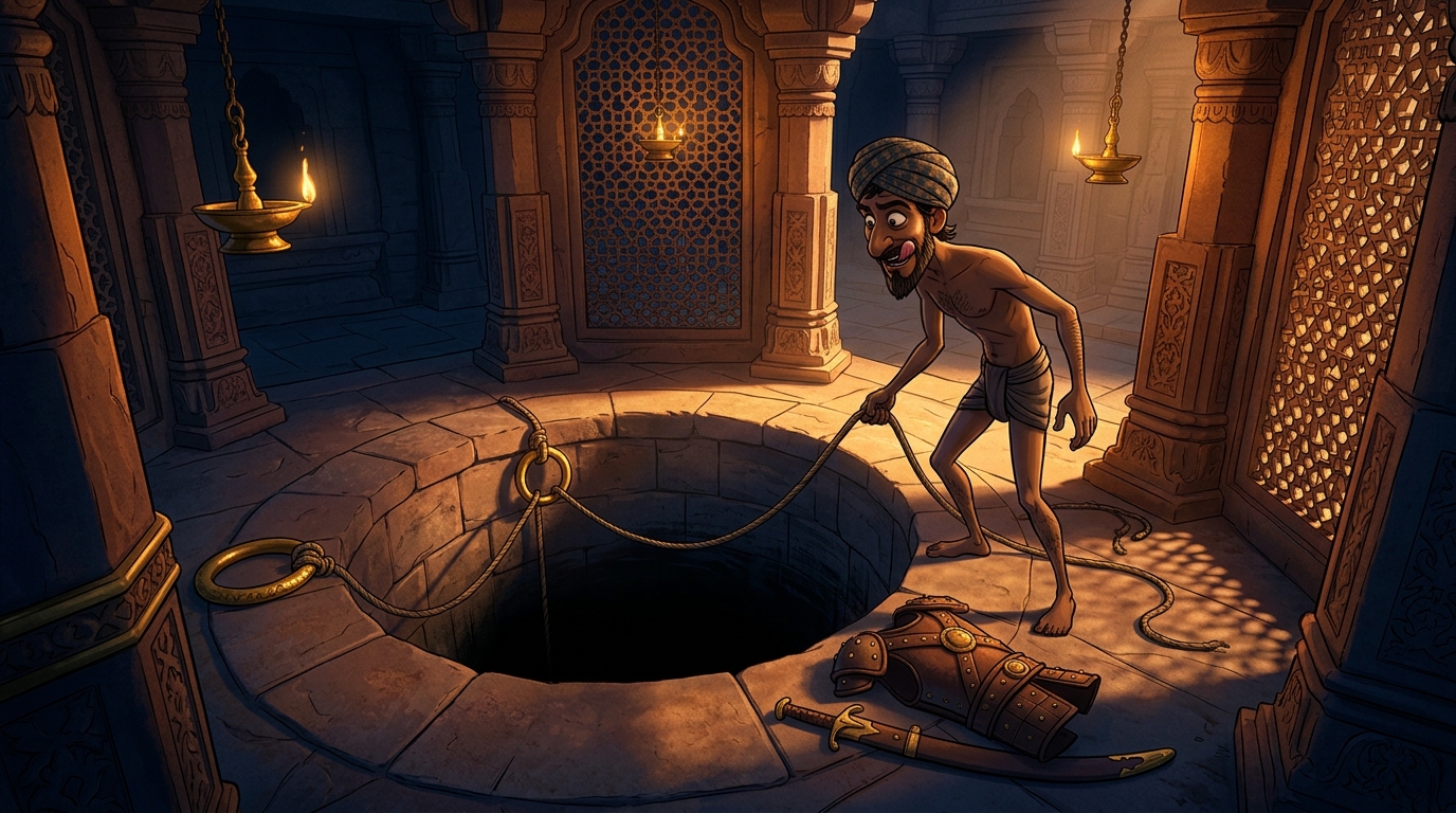 The greedy bandit stripping his weapons and climbing down the rope ladder into the well