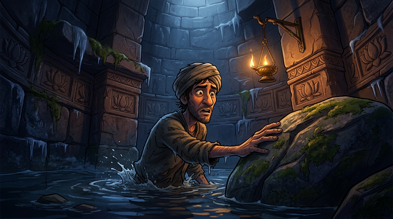 The bandit searching in the icy dark well water only to touch a giant mossy river rock