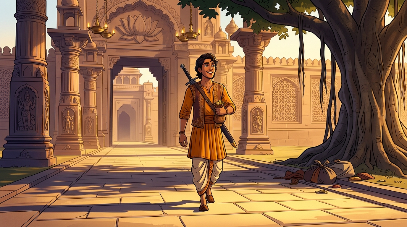 Somadatta retrieving his gold pouch from the tree and walking merrily down the sunlit road