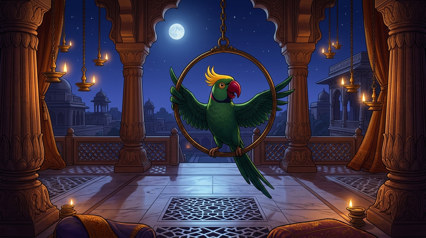 Shuka concluding the tale with theatrical flair on the moonlit balcony