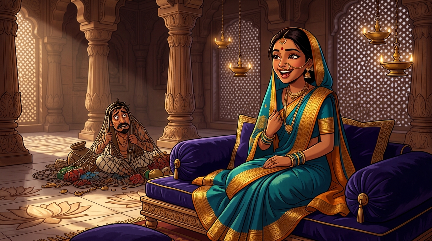Prabhavati laughing with delight at the outwitted thief