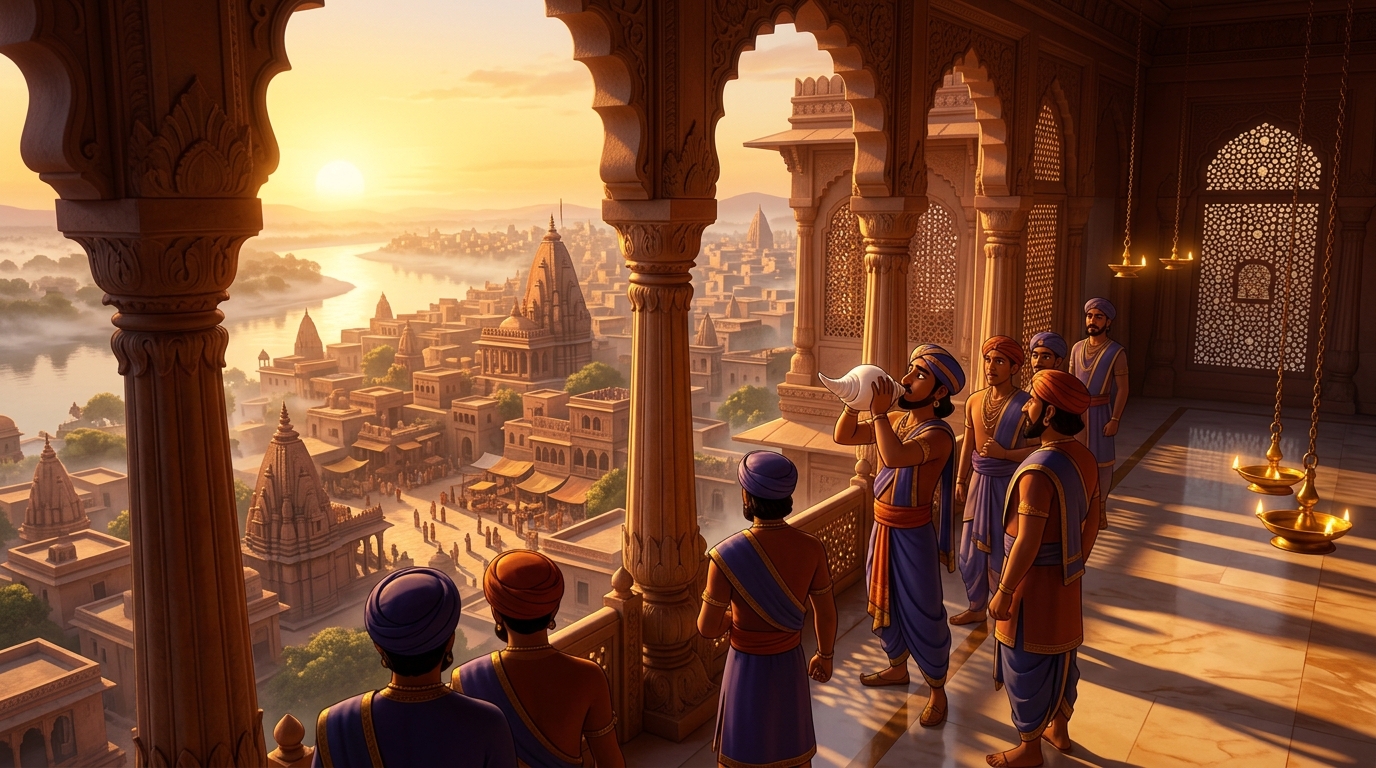 Golden dawn sunlight bursting through the sandstone archways as conches sound
