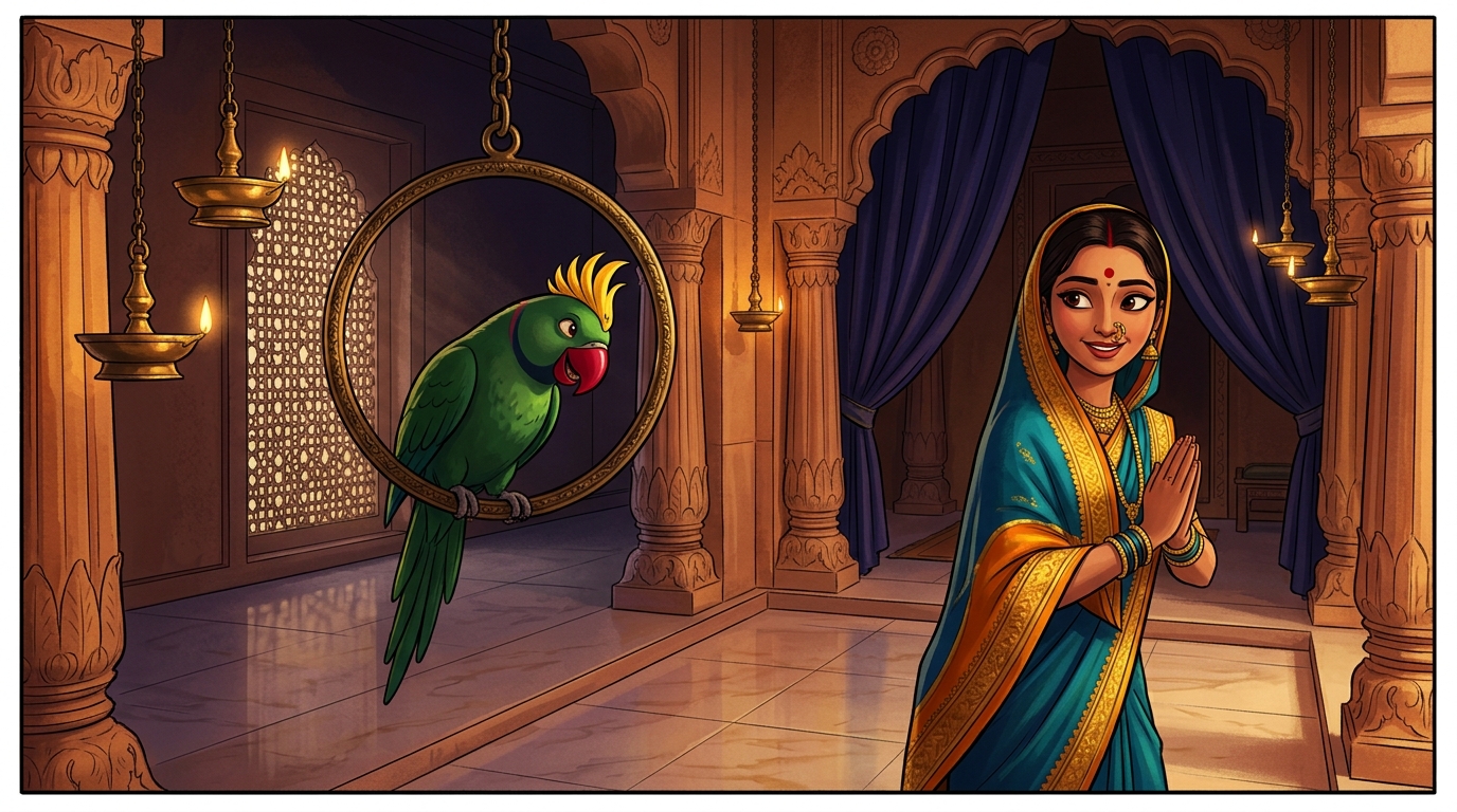 Shuka bowing with a triumphant grin as Prabhavati retreats peacefully to her chambers