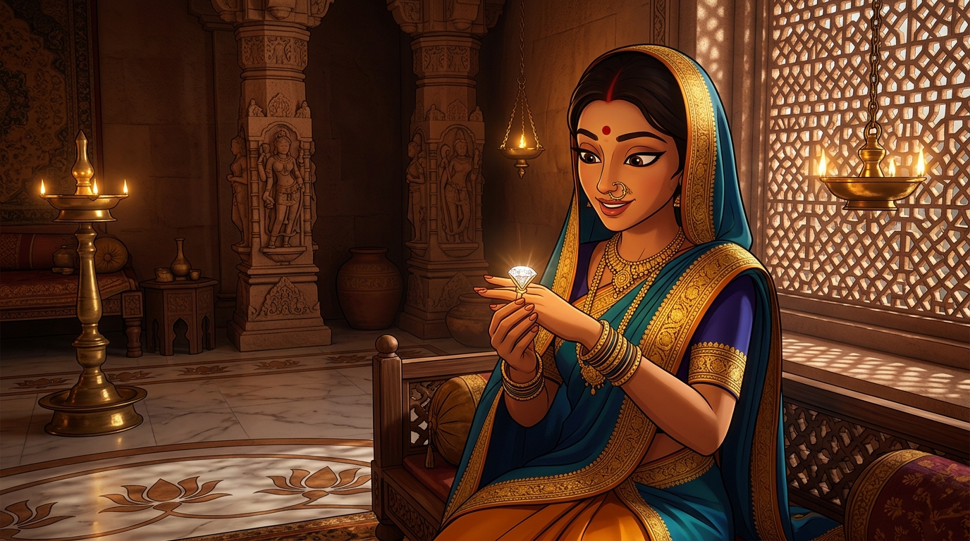 Prabhavati admiring the flashing diamond on her finger, wearing an emerald and gold silk saree