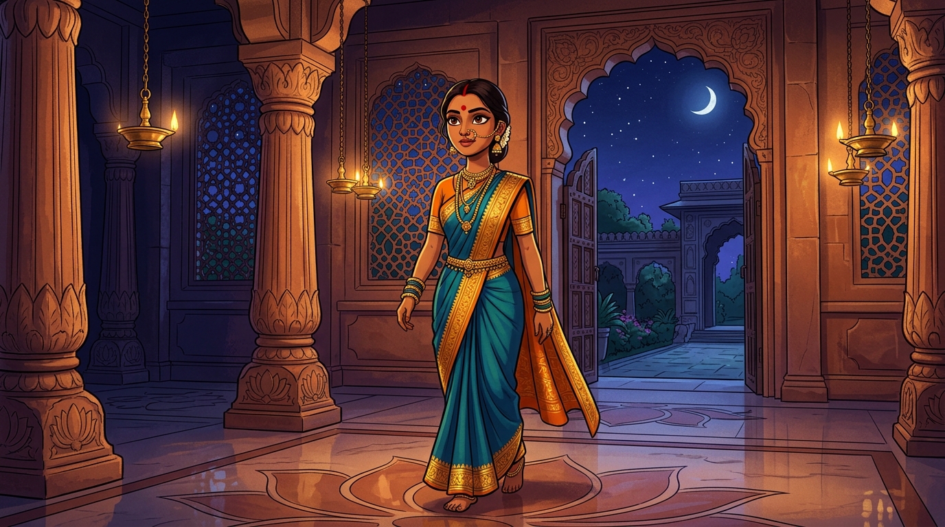 Prabhavati walking toward the mansion gate under the starlit night sky
