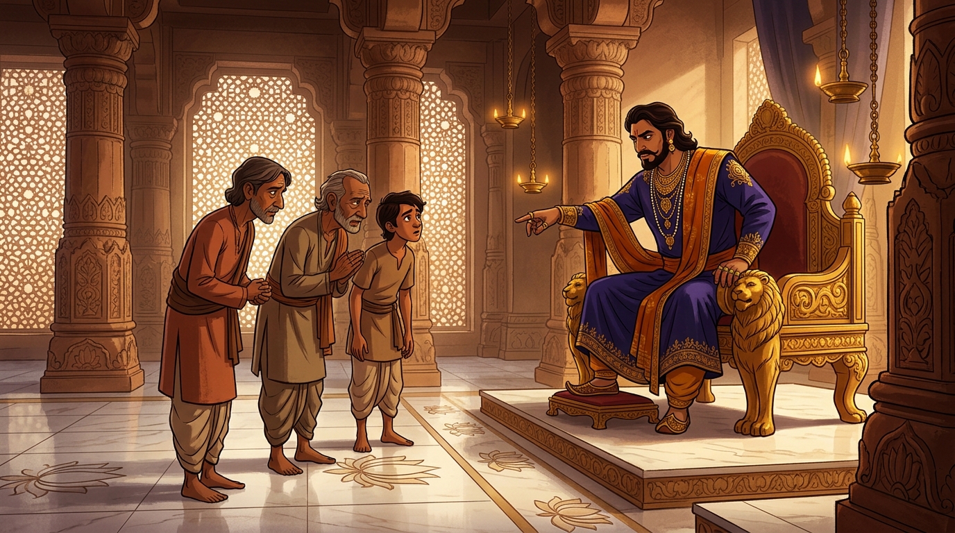 In the grand royal court of Kashi, King Yashodharma on a golden lion throne giving a decree
