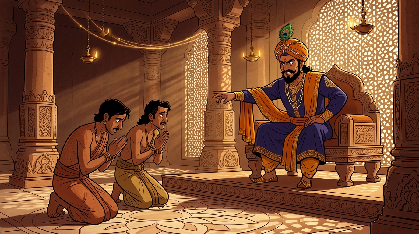 The King commanding the three humble weavers with a haughty scowl
