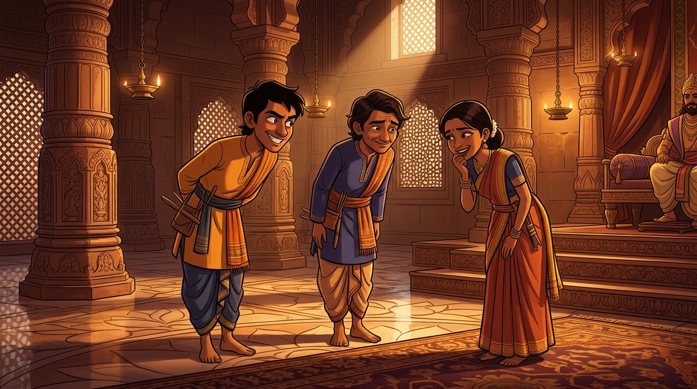 The three clever weavers bowing humbly with secret amused glances between them