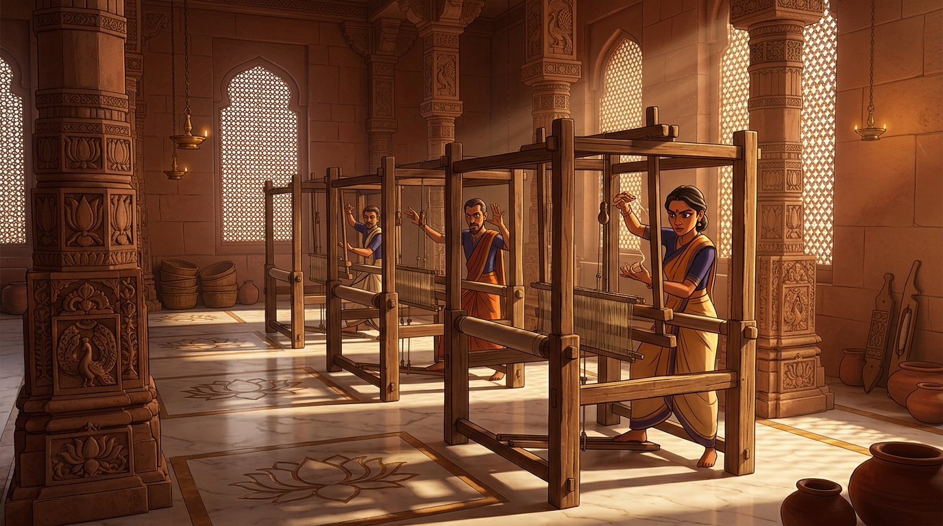 Three grand wooden looms with no thread, the weavers moving hands theatrically in empty air