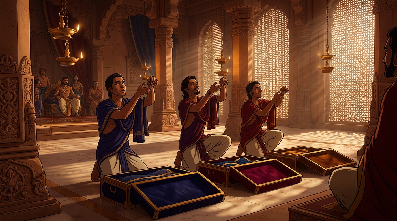The weavers opening empty velvet boxes before the King, miming lifting an invisible robe