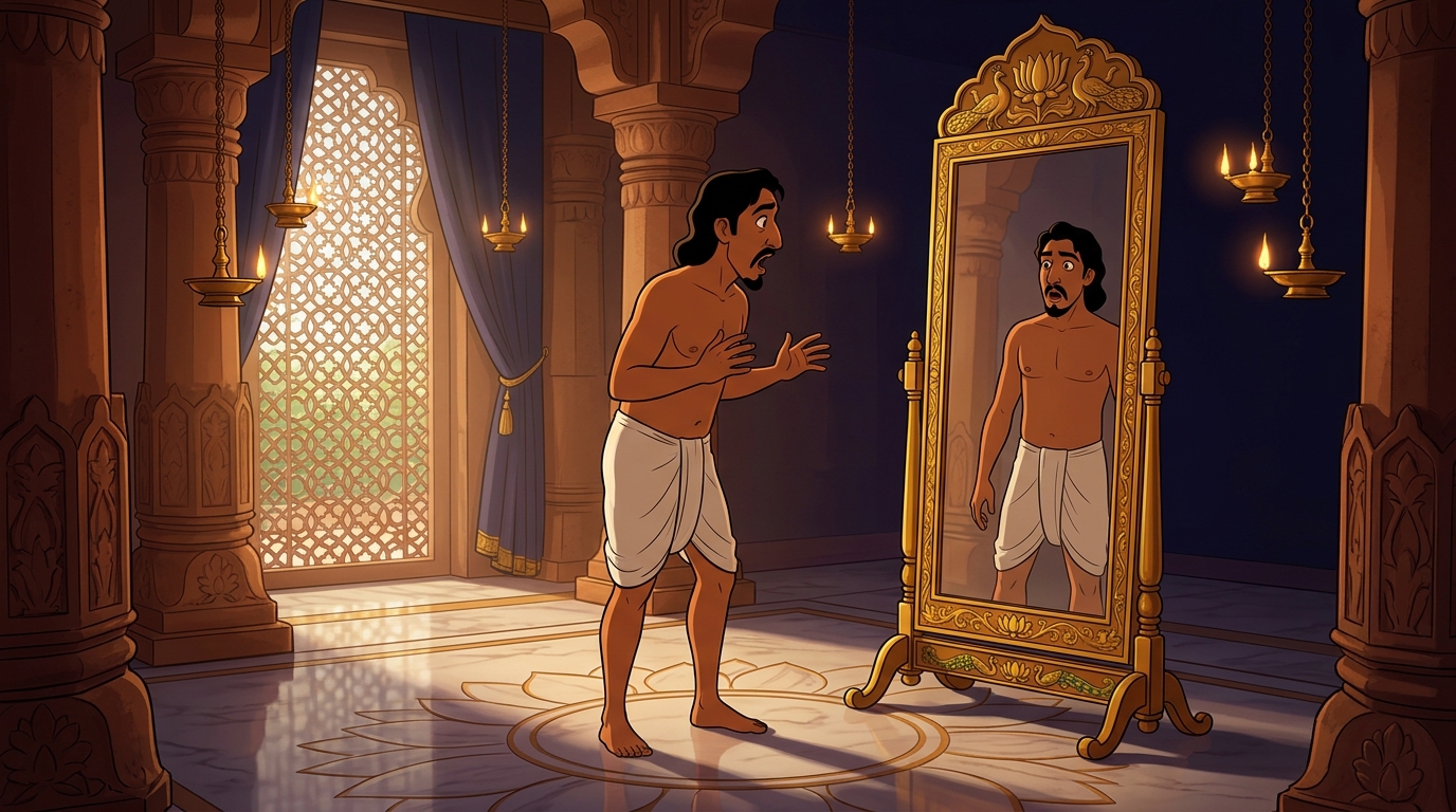 The King standing in his undergarments before the mirror pretending to admire the invisible cloth