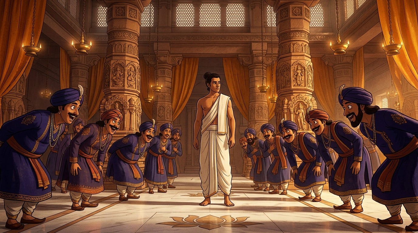 All ministers and courtiers cheering and bowing before the bare King