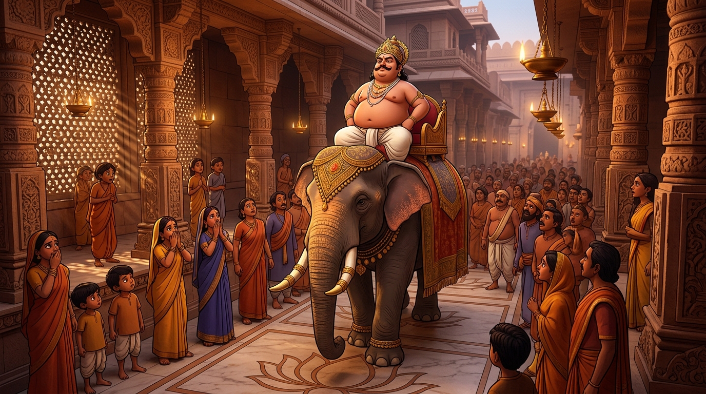 The King parading on an elephant wearing only undergarments while crowds watch in stunned silence