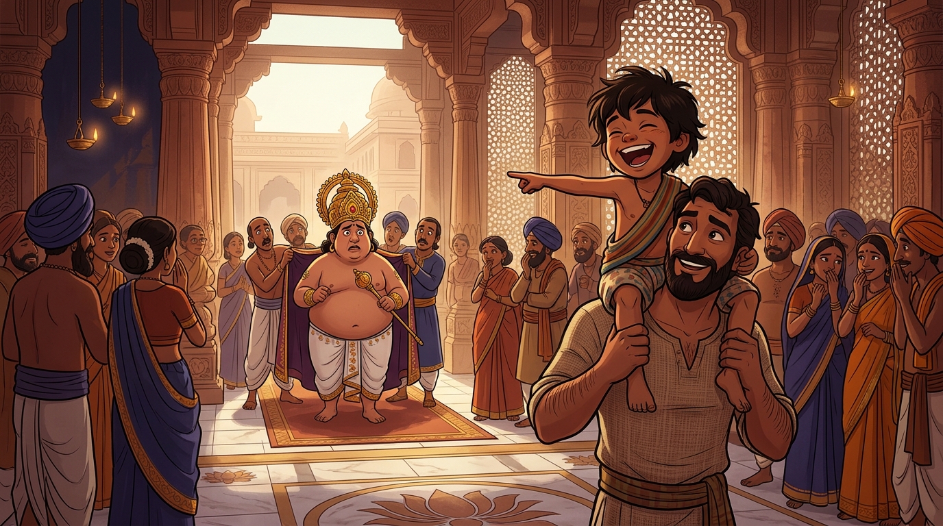 An innocent village boy on his father's shoulders pointing and laughing uproariously