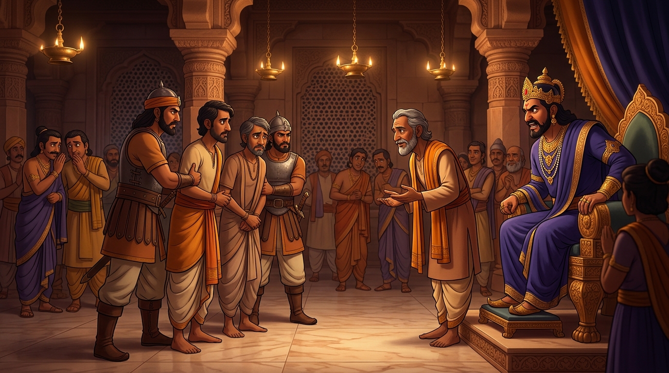 The three weavers bowing calmly before the furious King in the throne room
