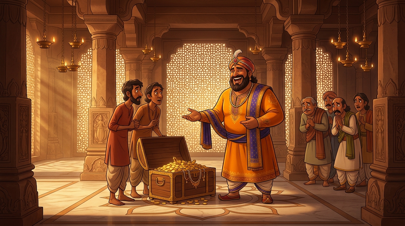 King Yashodharma bursting into hearty laughter, rewarding the weavers with chests of gold
