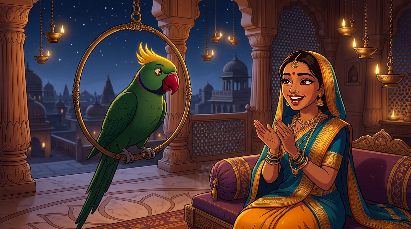Shuka finishing the tale with a smile as Prabhavati claps in laughter