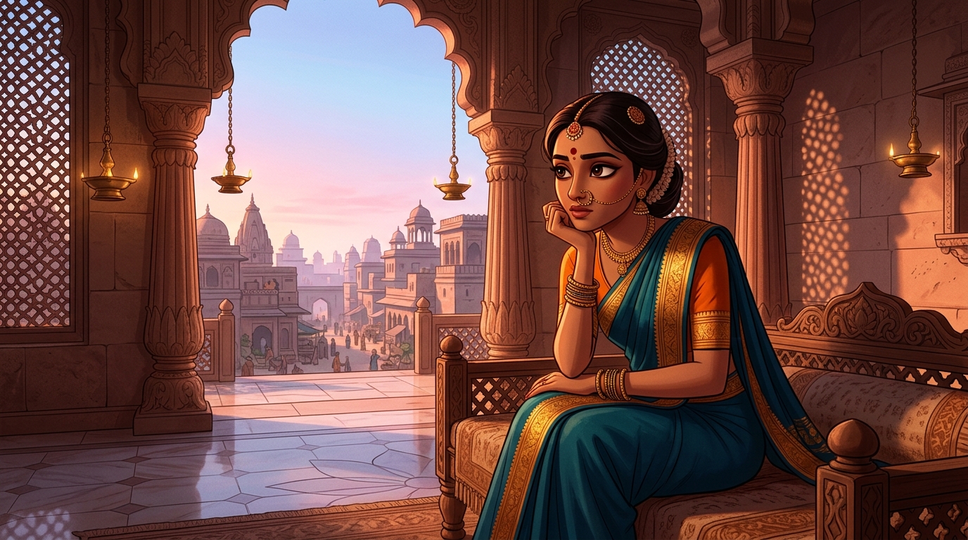 Prabhavati deep in thought as the first rose-gold beams of dawn illuminate the sky