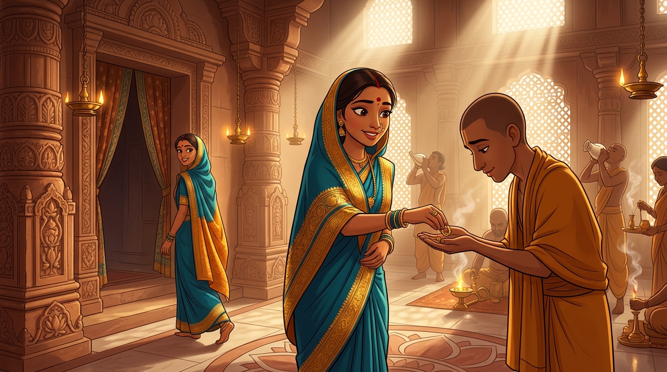 Prabhavati taking off the diamond ring and handing it to Shuka with a smile of gratitude