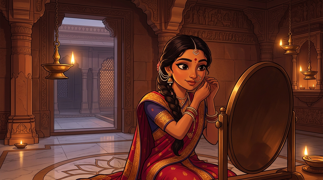 Prabhavati in royal crimson silk pinning the pearls in her braided hair by candlelight