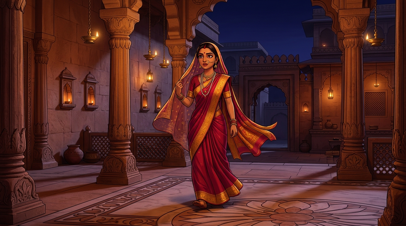 Prabhavati walking with hurried steps toward the courtyard gate