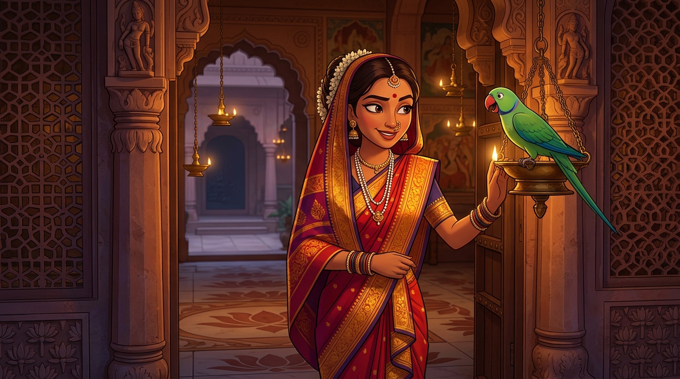 Prabhavati stopping at the threshold with an amused smile