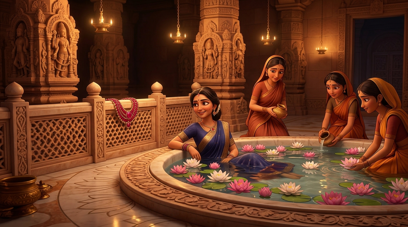 Queen Malavika leaving her crimson ruby necklace on a marble balustrade while bathing in a lotus pool