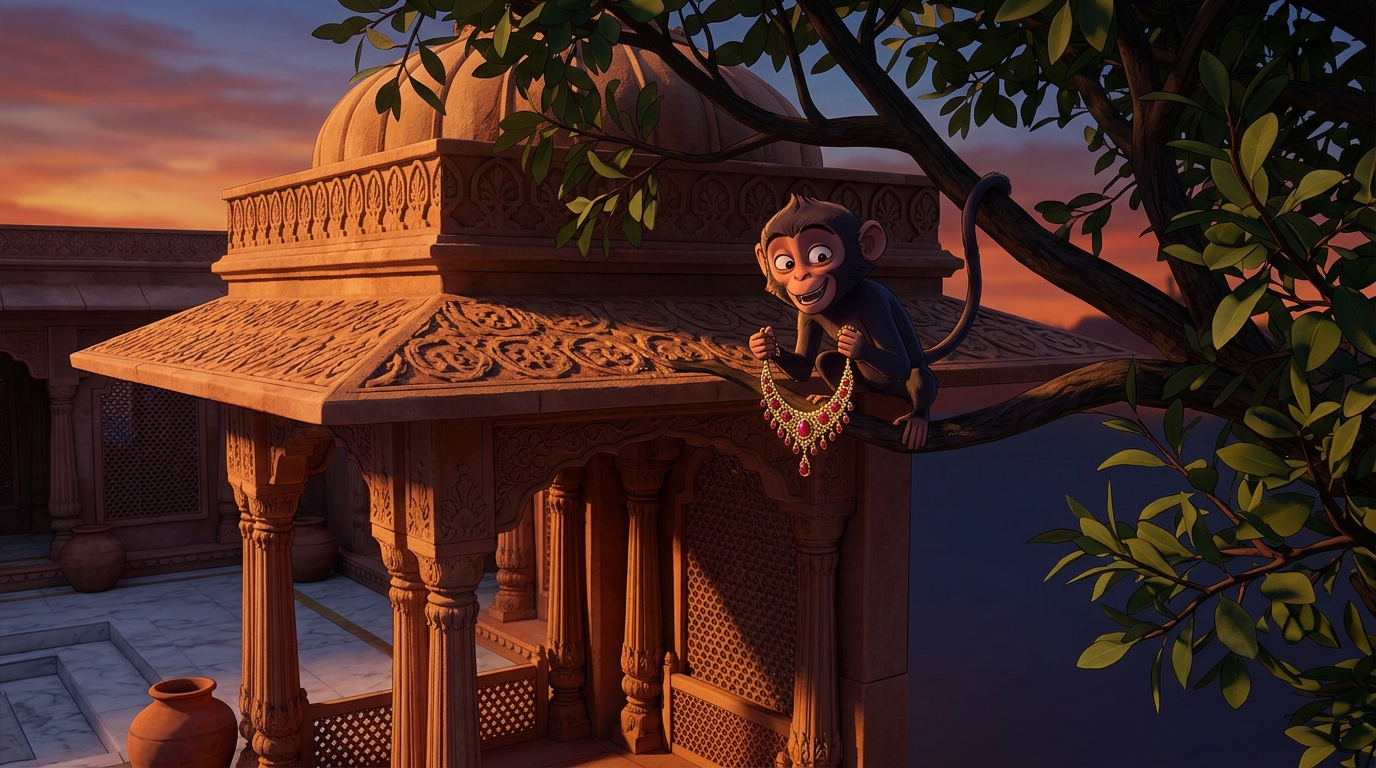 A mischievous palace monkey snatching the ruby necklace and scurrying into a tall sandalwood tree