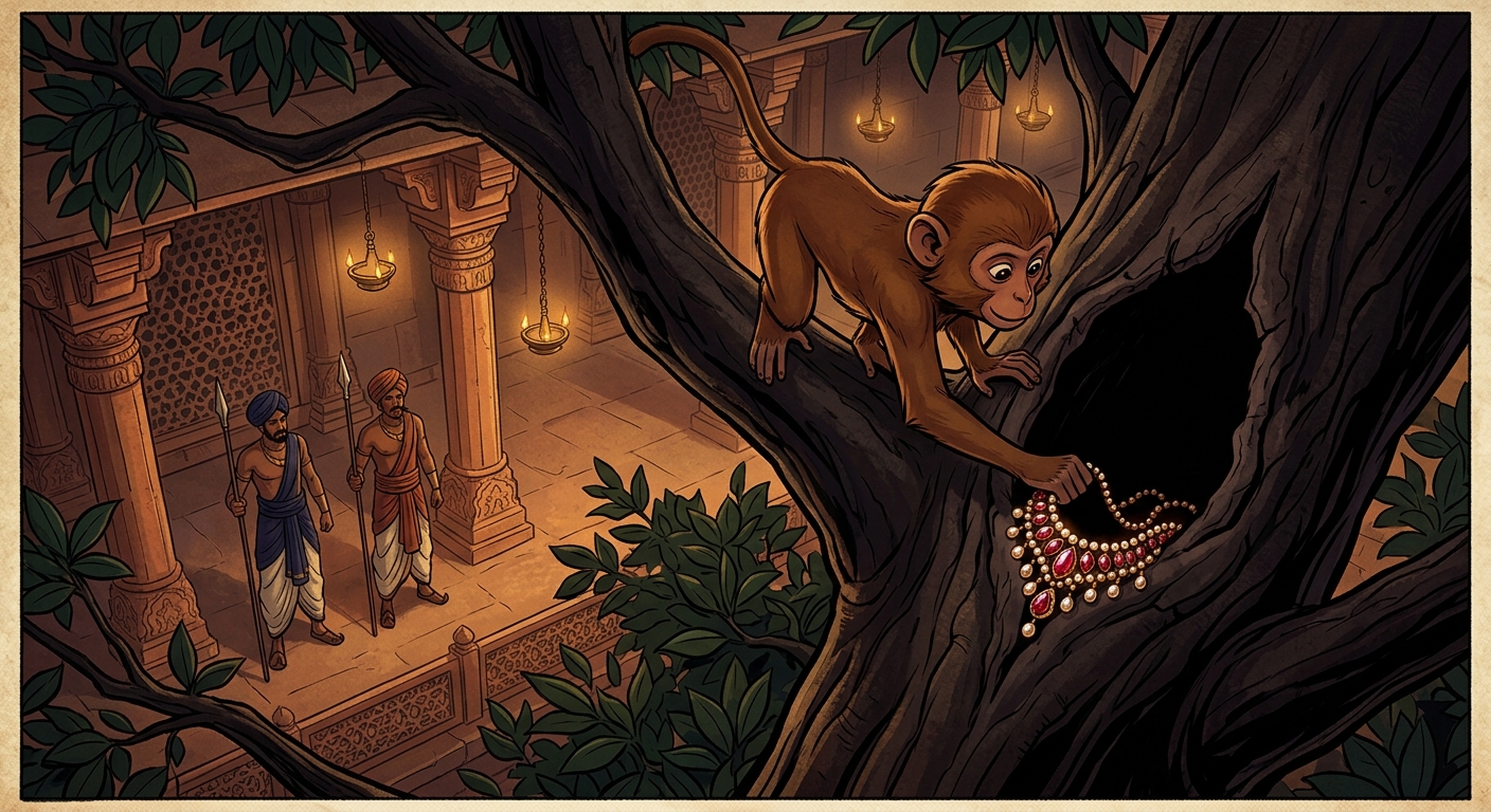 The monkey stuffing the ruby necklace into a dark hollow hole in the sandalwood tree branches
