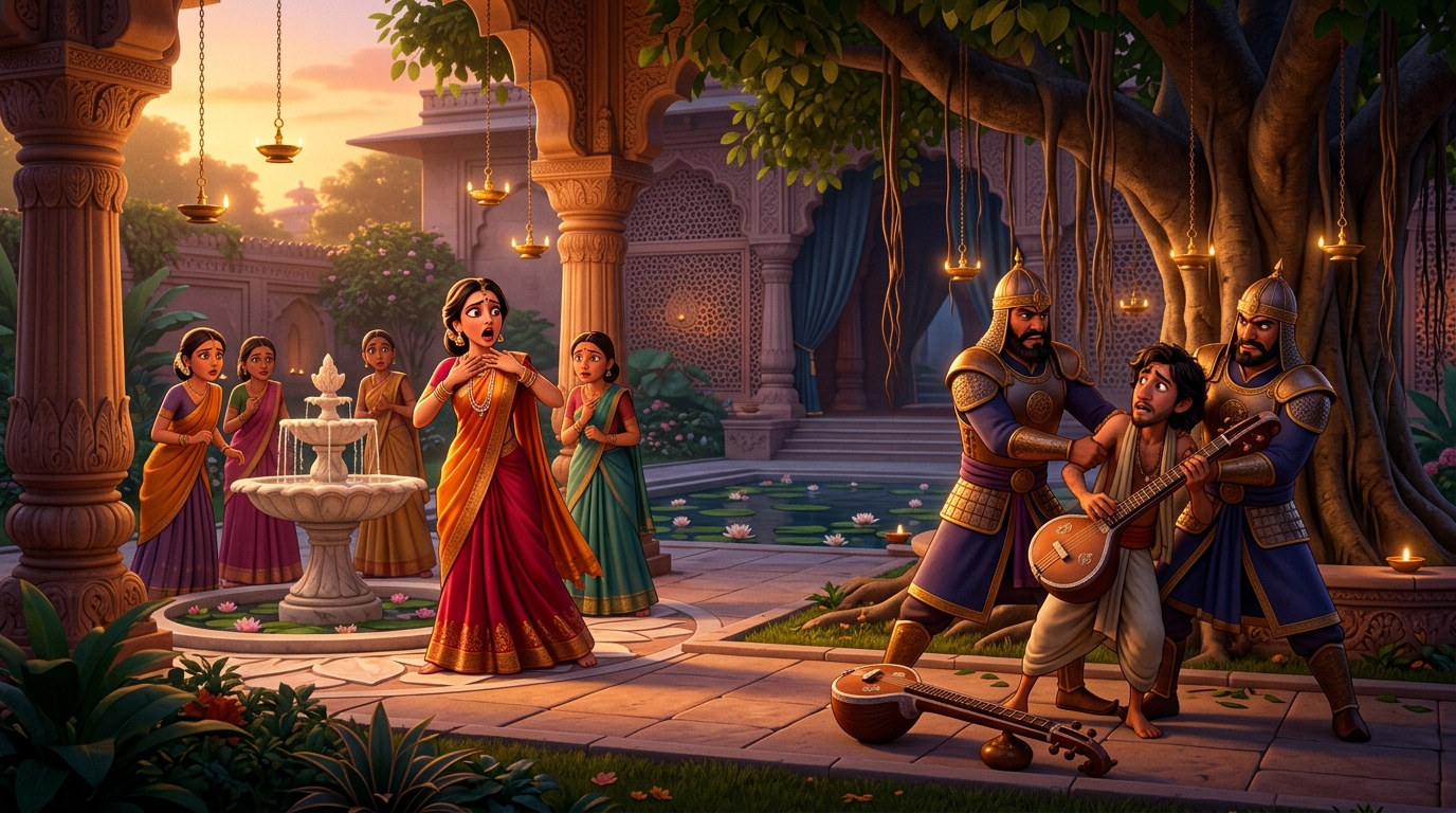 Queen Malavika in panic discovering the theft while guards arrest an innocent poor temple musician
