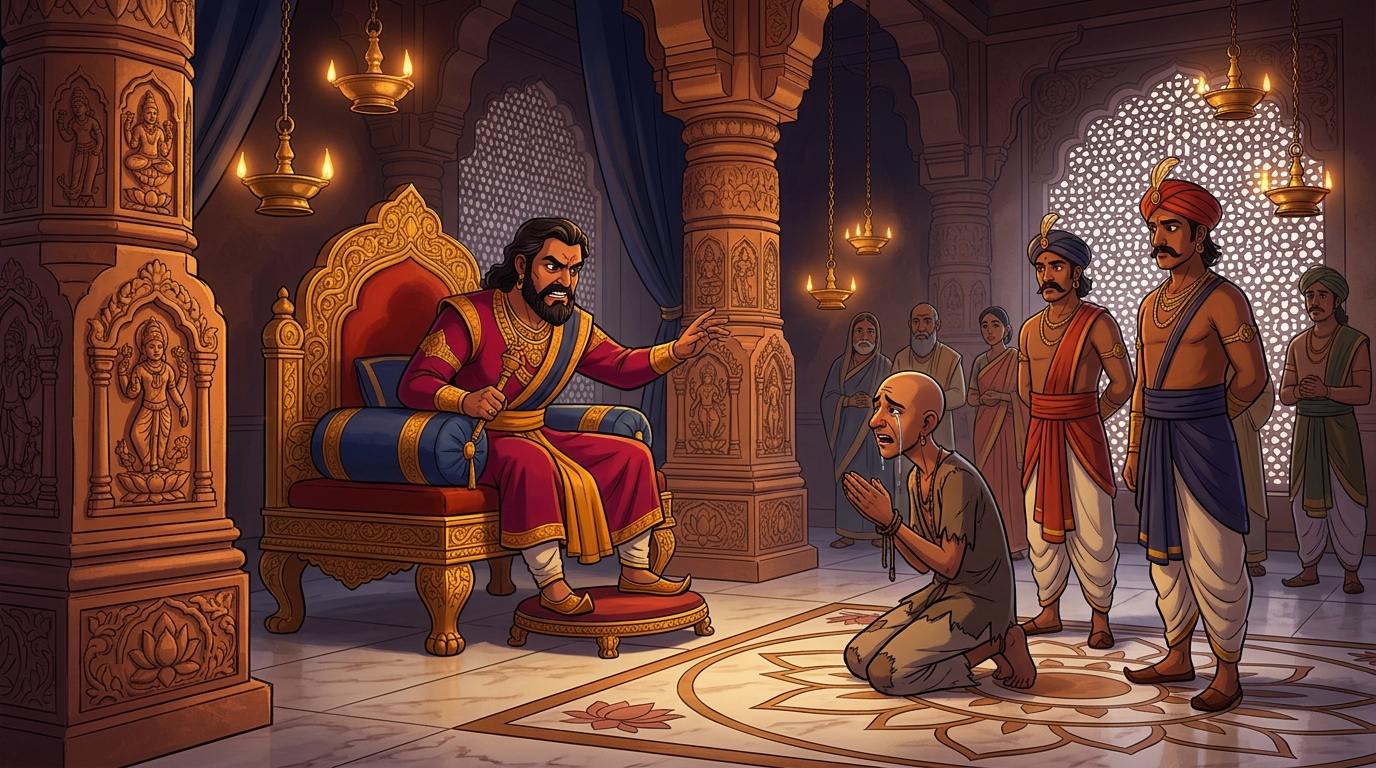 In the grand courtroom, King Chandrasena angrily sentencing the weeping musician