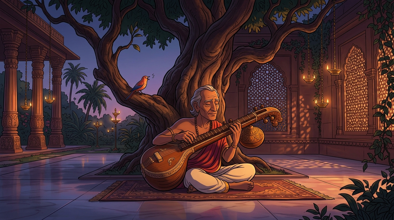 Haridatta sitting beneath the sandalwood tree playing an enchanting classical raga while his songbird sings