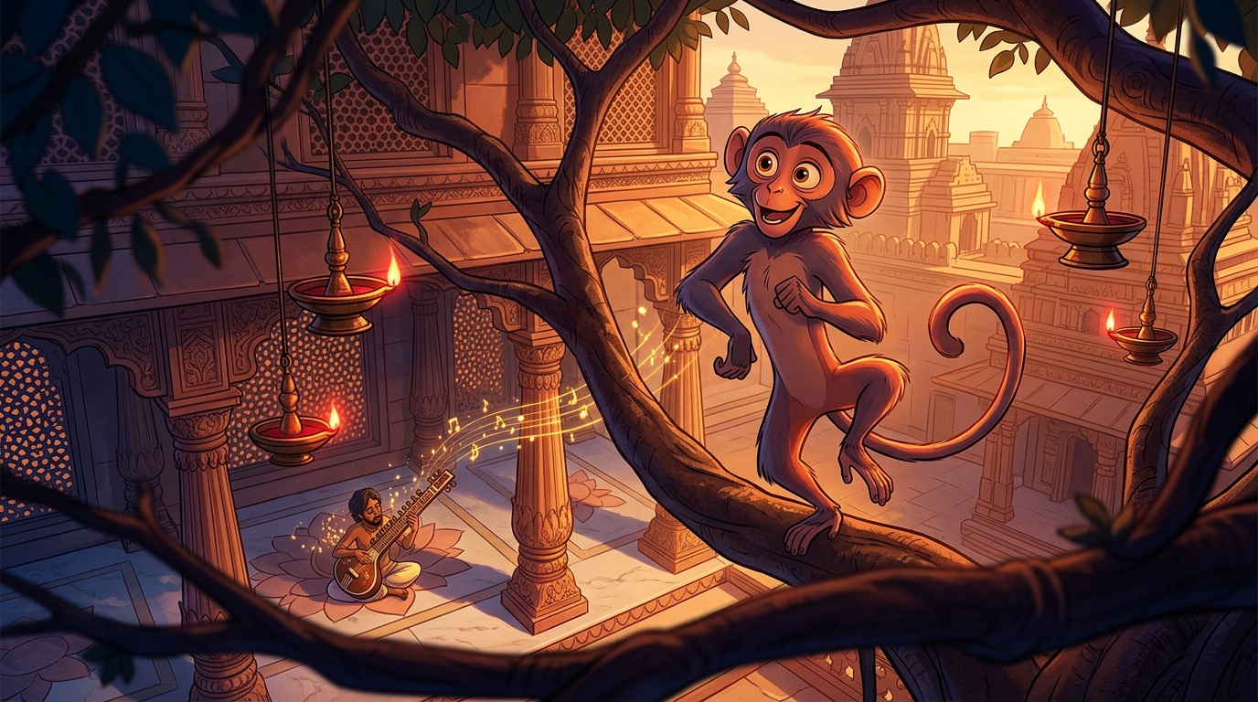 The mischievous monkey dancing and bobbing its head happily in the branches to the music