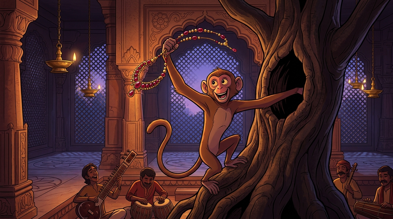 The monkey reaching into the tree hollow, pulling out the glittering ruby necklace