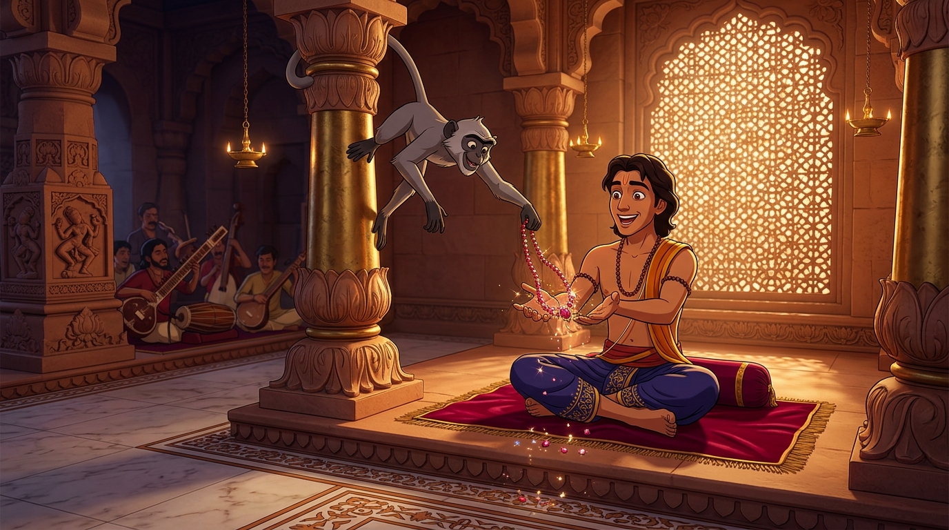 The monkey climbing down and dropping the ruby necklace into Haridatta's lap