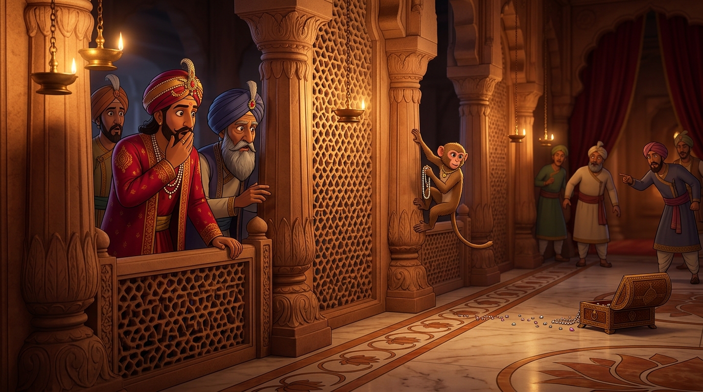 King Chandrasena and ministers watching in stunned amazement behind the marble pillars