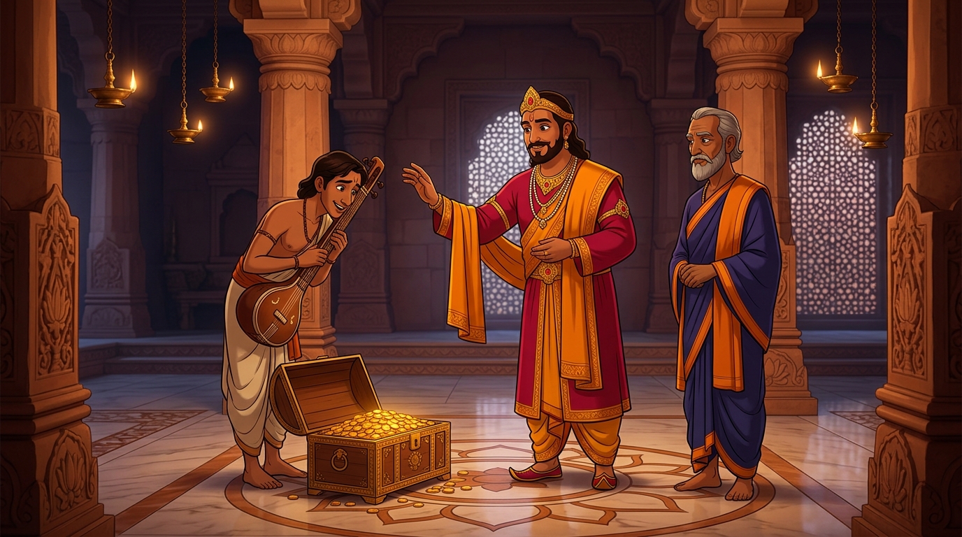 The King releasing the innocent musician with chests of gold and honoring Haridatta